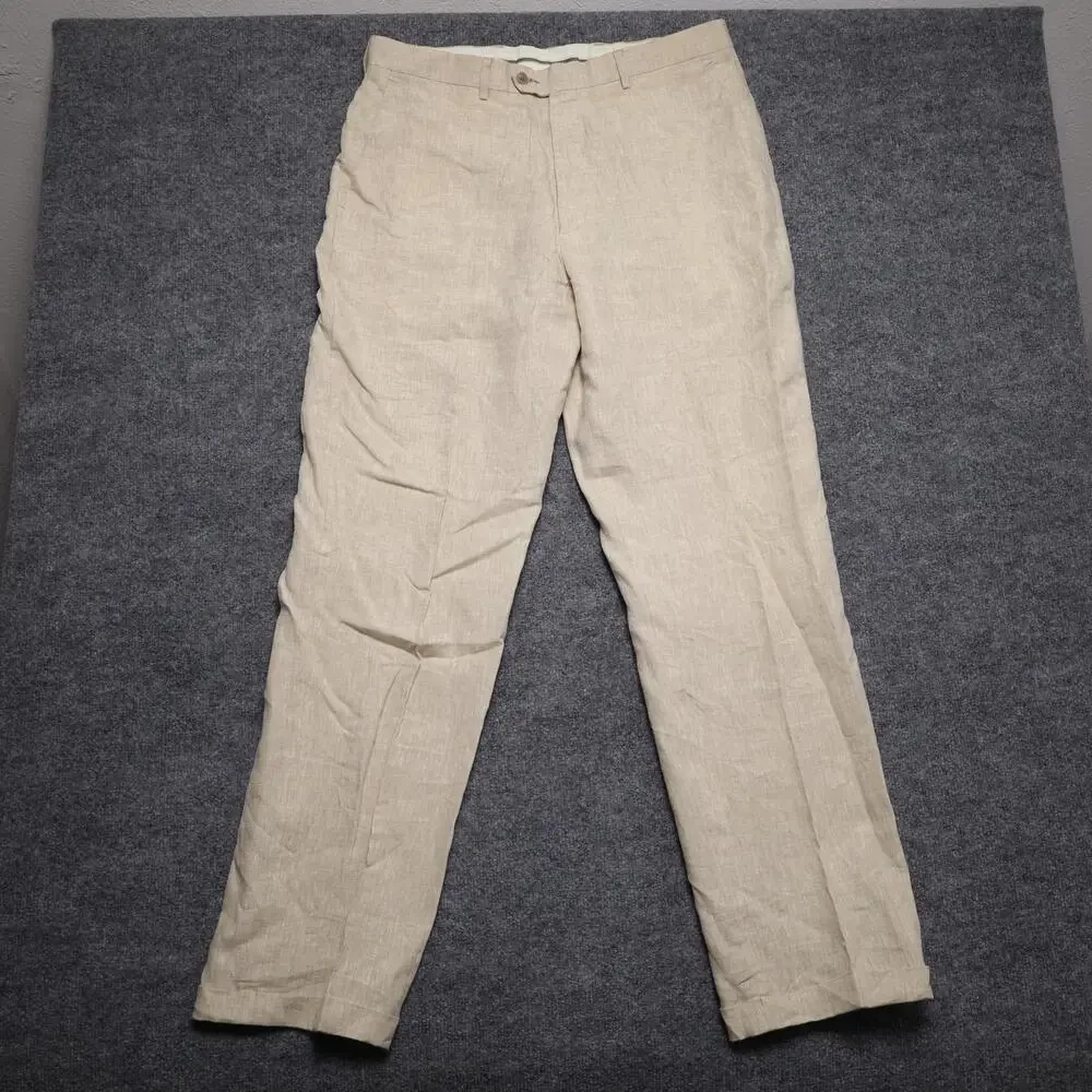 Franco Lotti Dress Pants Mens 36 Beige Linen Lined Flat Front Summer Trousers